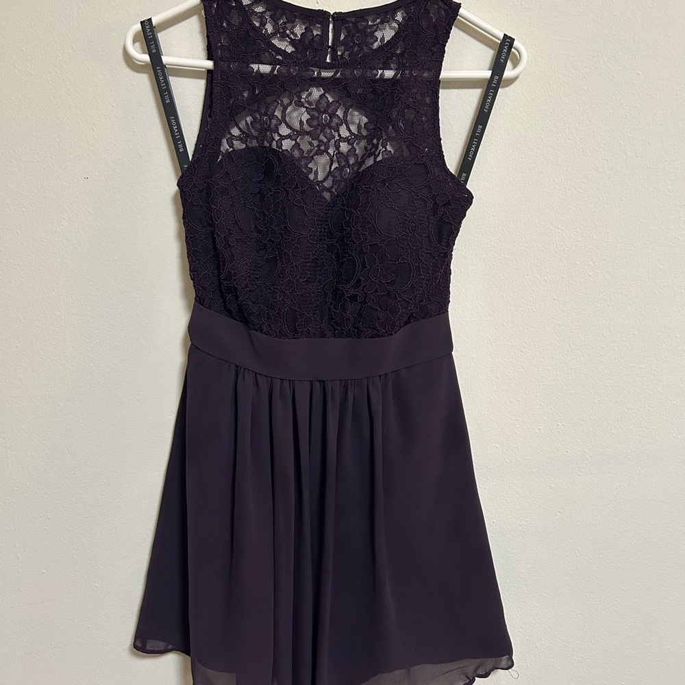Bill Levkoff Gown Mini Length Dark Purple Lace Illusion Neckline Sz 2 EUC